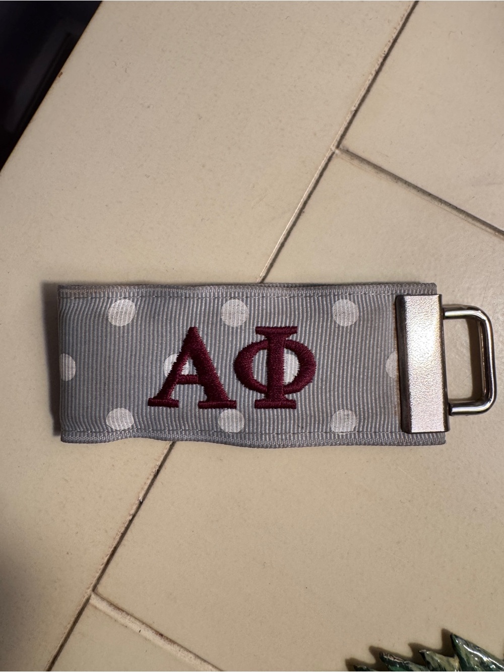 Alpha Phi Embroidered Polka Dot Key Fob - Gray and Maroon